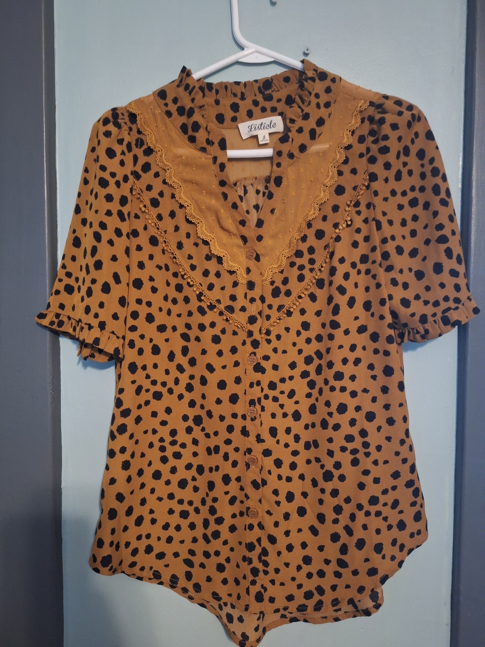 Listicle Women's Polka Dot Blouse with Lace Trim